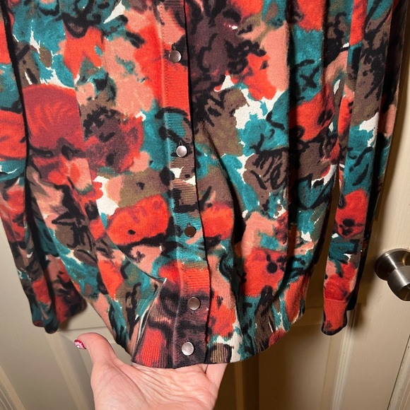 Talbots Floral Cardigan Size XL Cotton Blend Button Front Sweater Teal Rust - Picture 4 of 10